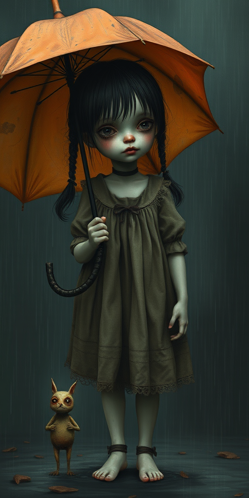 An eerie, weird little girl with dark hair in thin pigtails, wearing a smock dress, standing in the rain, holding a dirty orange umbrella, a small, odd creature beside her. In a surreal style inspired by Nicoletta Ceccoli and Brian Froud. Dark fantasy themes