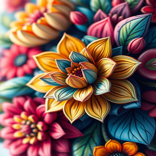 Create a vibrant floral pattern illustration with intricate details and bright colors, using a DSLR camera with a 50mm lens, f/1.8 aperture, shooting in macro mode to capture fine textures, with soft natural lighting from the left side.