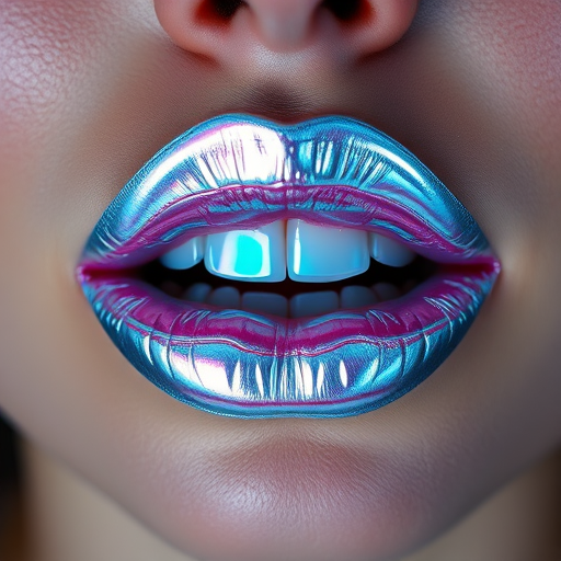 Mesmerizing portrait of holographic silver lips with prismatic reflections, showcasing futuristic appeal and eye-catching properties