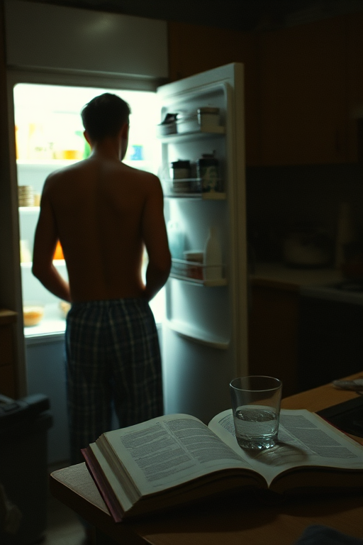 Grainy, low-light photo, late-night kitchen scene, a man standing by the fridge in pajama pants, the soft glow of the fridge light illuminating his face as he peers inside, cluttered countertops in the background, an open cookbook and a half-empty glass of water beside it.