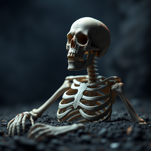 Create a highly detailed, realistic 3D rendering of a skeleton emerging from the ground in a dark, eerie setting, with dynamic lighting to highlight texture; use a DSLR camera with a 50mm lens, aperture set to f/2.8, ISO 100, and a shallow depth of field to enhance focus on the skeleton while blurring the background.