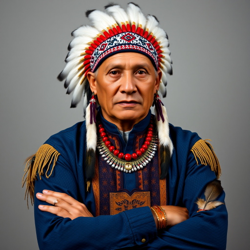Create a dignified portrait of a Native American man dressed in traditional attire. He wears a beautifully crafted headdress adorned with white feathers and red beads, along with a beaded headband featuring intricate patterns. His clothing includes a deep blue, patterned shirt and a traditional chest piece with detailed beadwork. His arms are crossed, displaying leather armbands decorated with feathers. The background is simple and neutral, emphasizing his proud and stoic expression. The overall image captures the rich cultural heritage and strength of his persona.