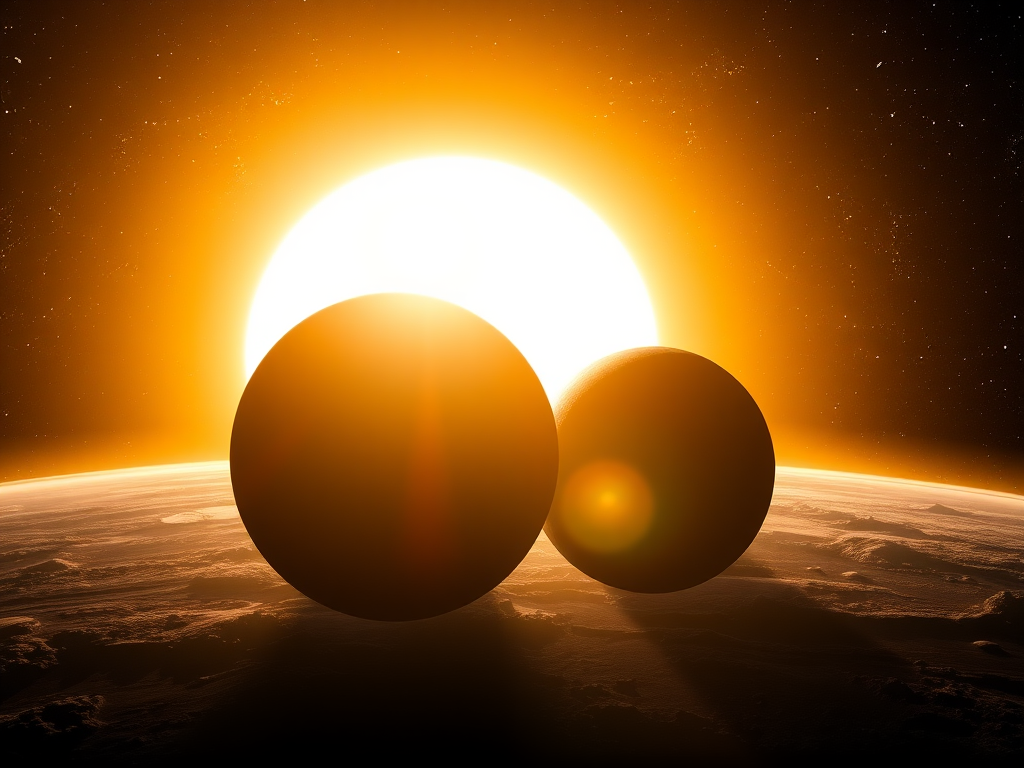 Create a high-resolution image of a distant planet scene with a glowing sun in the background, featuring two planets in close proximity, deep space stars scattered throughout, using a DSLR camera type, 24mm lens at f/8 aperture, ISO 200, and a long exposure of 15 seconds to enhance color vibrancy and detail.