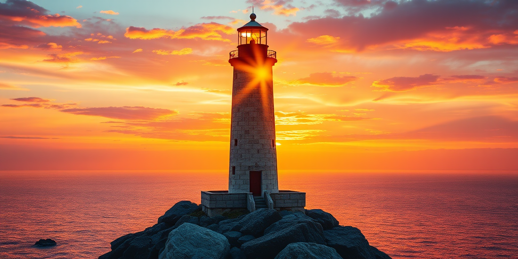 Generate an image of a tall lighthouse perched on a rocky outcrop surrounded by calm ocean waters during a breathtaking sunset. The lighthouse stands sturdy and weathered, its stone surface illuminated by the warm golden light of the setting sun. The sun's rays pass directly through the glass lantern room at the top of the lighthouse, casting a brilliant light across the scene. The sky is painted with vibrant shades of orange, pink, and purple, reflecting off the tranquil sea. The surrounding water shimmers with the same warm hues, creating a serene and majestic atmosphere.