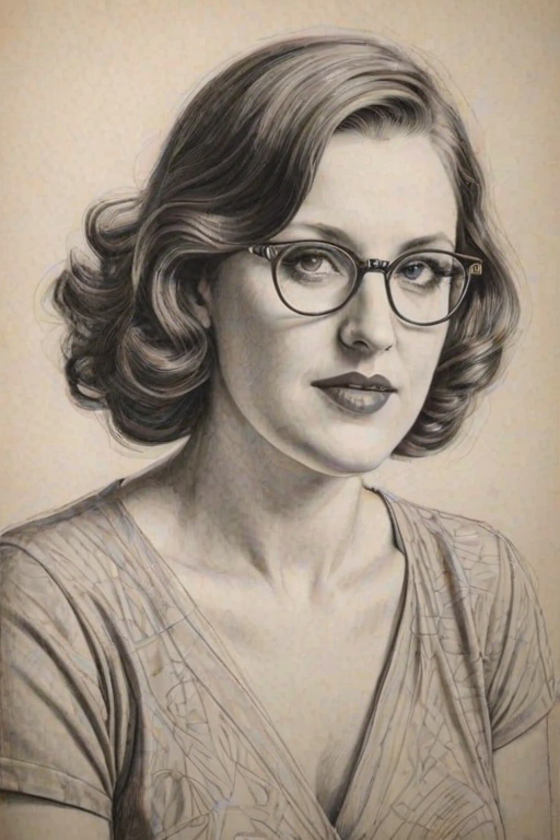 Dazzling Allison Tolman, pencil sketch, portrait of Enchanting woman 1937s in glasses, hair style beatnik, outline, clear lines, fine lines, 8k