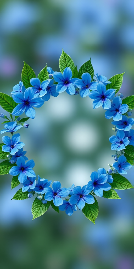 Generate an illustration of a circular floral frame featuring a variety of blue flowers with green leaves, in high resolution, using a Canon EOS 5D Mark IV, aperture f/2.8, shutter speed 1/200s, ISO 100, focus on floral details, soft background bokeh effect.