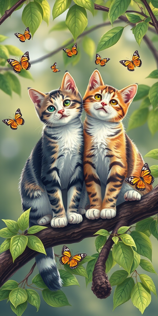 Create a detailed illustration of two cats sitting on a branch with vibrant green leaves and butterflies around them, using a Canon EOS R5 with a 50mm f/1.2 lens, aperture set to f/2.8, ISO 100, and a soft-focus background for enhanced depth and clarity.