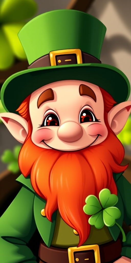 Generate a high-quality illustration of a cheerful leprechaun with a green top hat, vibrant red beard, and a clover, captured in a close-up view with a 50mm lens, f/1.8 aperture, ISO 200, natural lighting, and a cartoon style.
