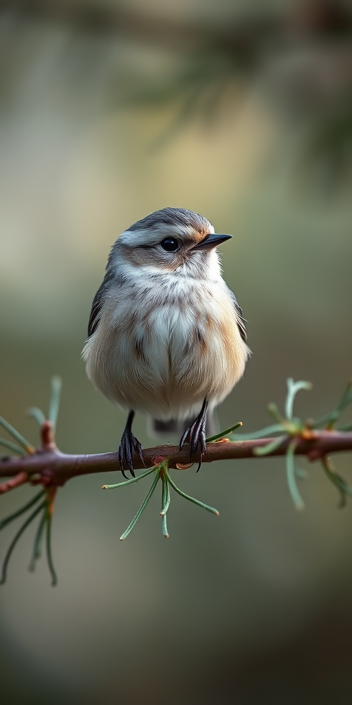 Capture a close-up of a small bird perched on a pine branch, use a Canon EOS R5, aperture f/2.8, shutter speed 1/500s, ISO 200, natural light, shallow depth of field, focus on the bird with soft bokeh in the background.