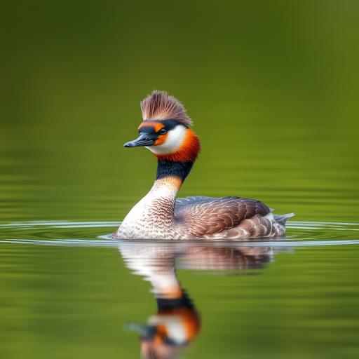 regenerate a high-resolution image of a great crested grebe swimming in a calm green lake, use a Canon EOS 5D Mark IV, 1/200s shutter speed, f/4 aperture, ISO 100, shoot from a low angle to capture reflection in water, with natural lighting for vibrant colors and detail