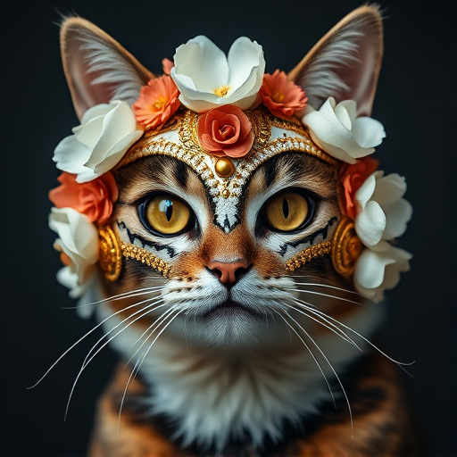 Create a highly detailed portrait of a cat wearing an elaborate white and gold mask adorned with flowers, using a DSLR camera with a 50mm lens, f/1.8 aperture, ISO 100, and soft studio lighting for enhanced contrast and texture, shot from a frontal view to emphasize the intricate details and vibrant colors.