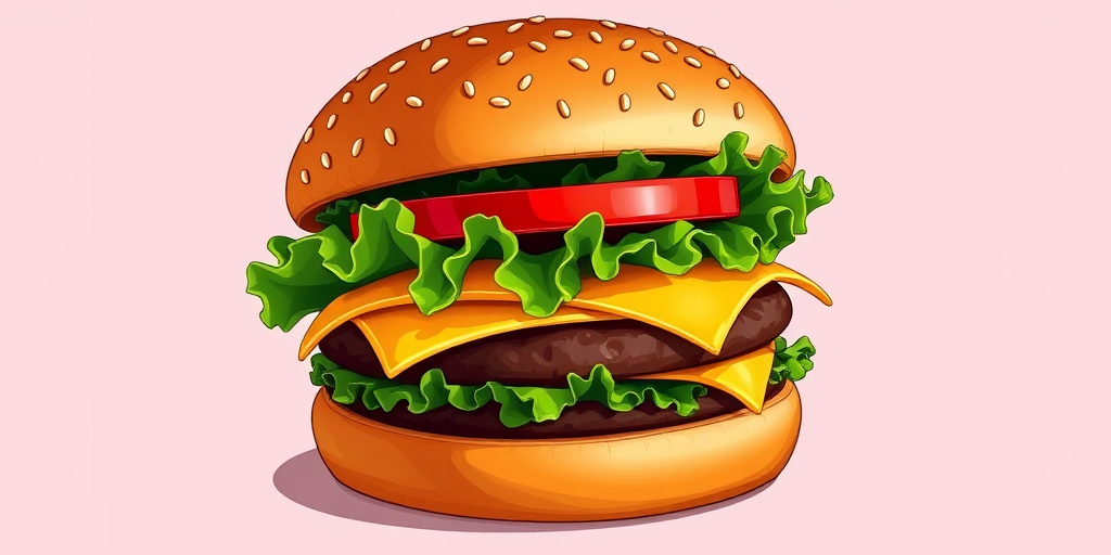 Create a colorful illustration of a hamburger with a sesame seed bun, lettuce, cheese, and tomato, captured with a 50mm lens at f/2.8, using a top-down view, in a vector art style, simulating a Canon EOS 5D Mark IV camera.