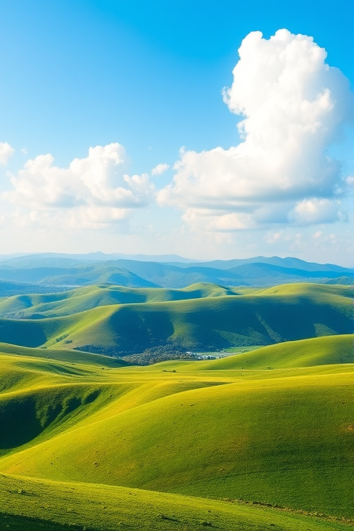 Create a vibrant landscape image depicting rolling green hills under a bright blue sky with soft white clouds, using a DSLR camera with an aperture of f/8, ISO 100, and a focal length of 24mm, in landscape orientation for enhanced detail and depth.