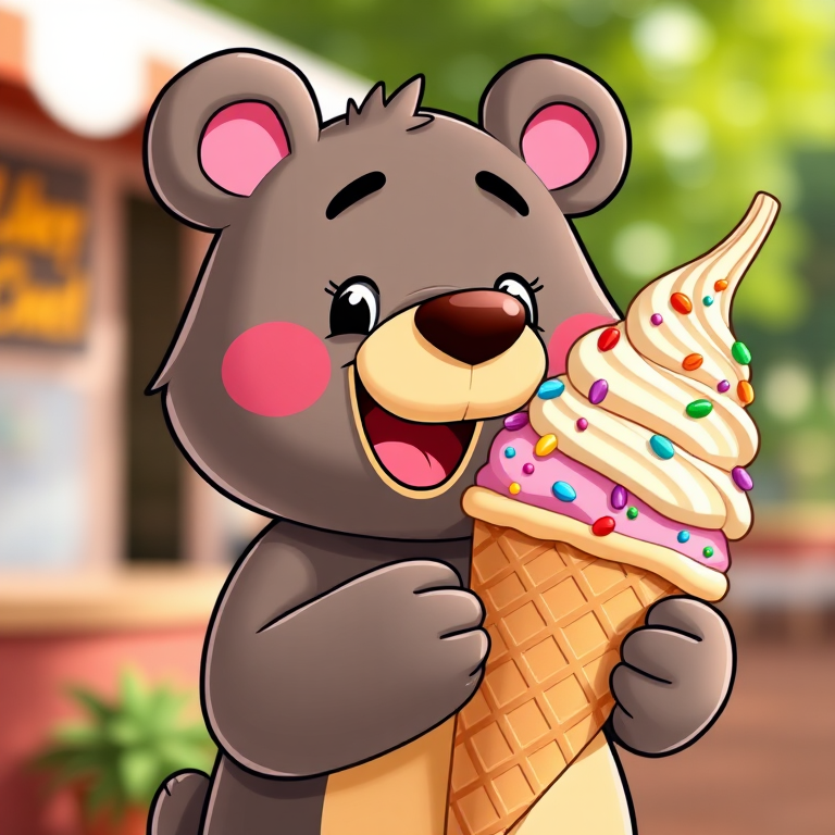 Create a colorful cartoon bear holding a large ice cream cone with various toppings in a playful, cheerful style, using a DSLR camera with a 35mm lens, f/2.8 aperture, ISO 100, and natural lighting for enhanced image quality.