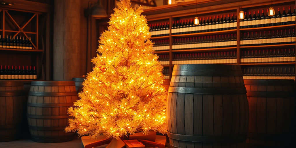Create an image of a cozy rustic setting featuring a golden-orange Christmas tree adorned with soft glowing lights. The tree is placed next to two large wooden barrels, with a warm wooden interior background filled with wine bottles on shelves. The atmosphere should evoke a sense of warmth and festive cheer.