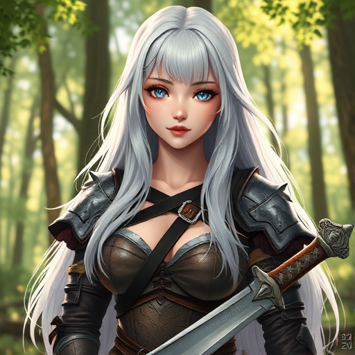 1girl, beautiful, white hair, long hair, bangs, fair skin, big breasts, leather armor, sword, forest, dappled sunlight, upper body, looking at viewer
