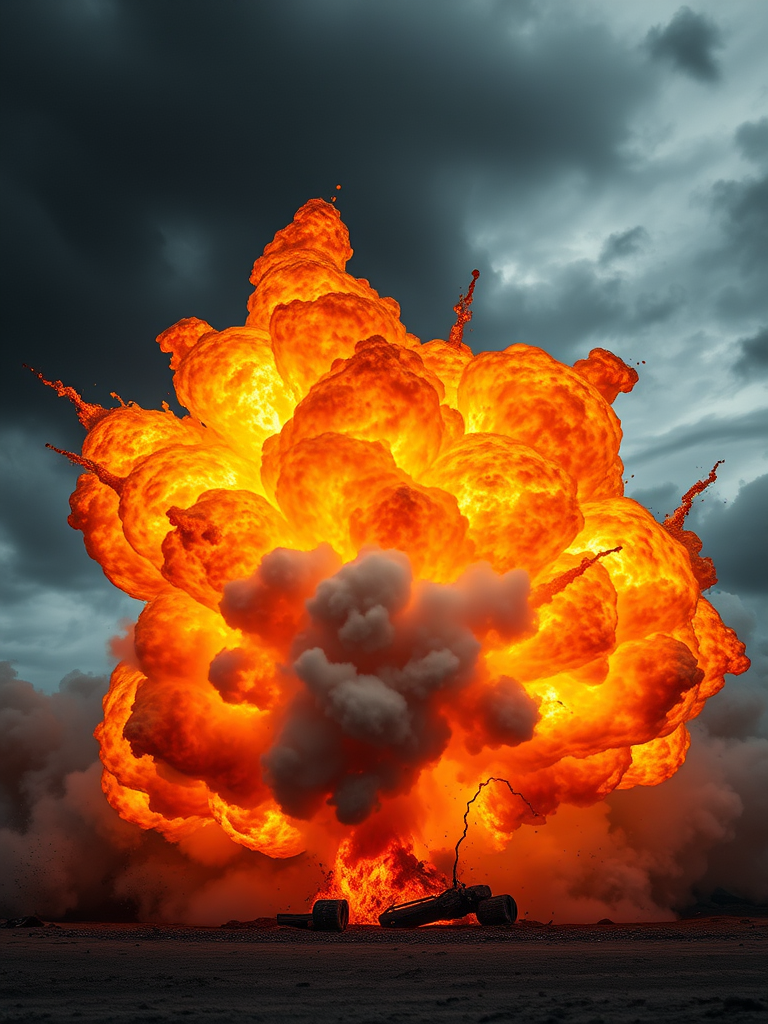Create a highly detailed explosion scene with dramatic orange and yellow flames emanating from a central point, capturing swirling smoke and a darkening sky, shot with a Canon EOS R5, 24mm lens, f/8 aperture, ISO 100, at a low angle to enhance the intensity and depth of the explosion.
