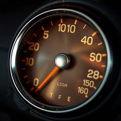 Create a high-resolution image of a vintage speedometer with a circular design, featuring a prominent red needle pointing to the number 3, numbers displayed as bold white characters on a dark brown background, with orange accents, captured in a close-up view using a DSLR camera, f/2.8 aperture, ISO 100, 50mm lens, natural lighting.