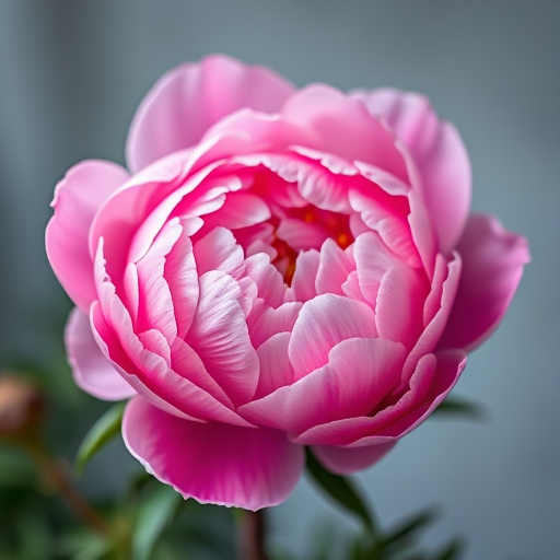 Create a highly detailed close-up of a blooming pink peony flower against a soft blurred background, captured with a DSLR camera at f/2.8 aperture, ISO 100, with a 50mm lens and natural soft lighting.