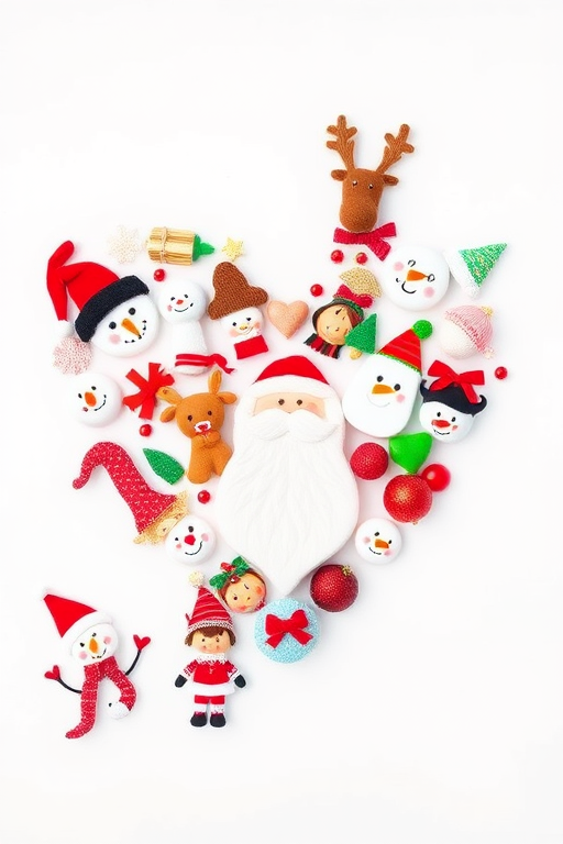 Create a vibrant heart-shaped arrangement of various cute holiday characters like snowmen, reindeer, elves, and Santa, with a bright background; use a DSLR camera, aperture f/2.8, ISO 100, and 50mm lens for sharp focus and vivid colors.