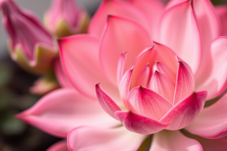 macro shot of a pink flowering succulent with closed buds in the background, natural lighting, aperture f/2.8, shutter speed 1/250 sec, ISO 200, taken with a Canon EOS 90D using a 100mm macro lens