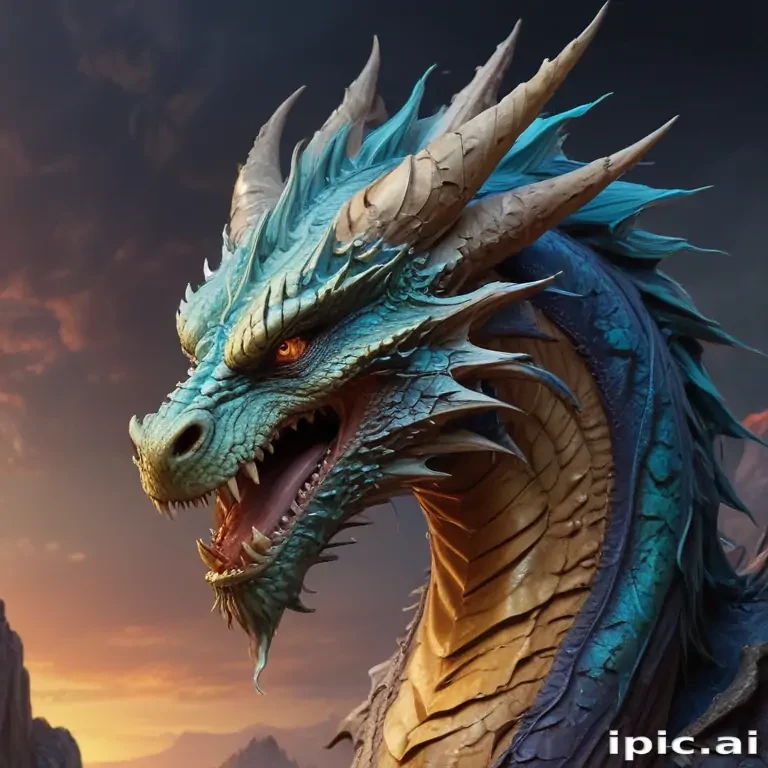 Majestic Dragon Portrait with Vibrant Colors Against a Dramatic Sunset Sky