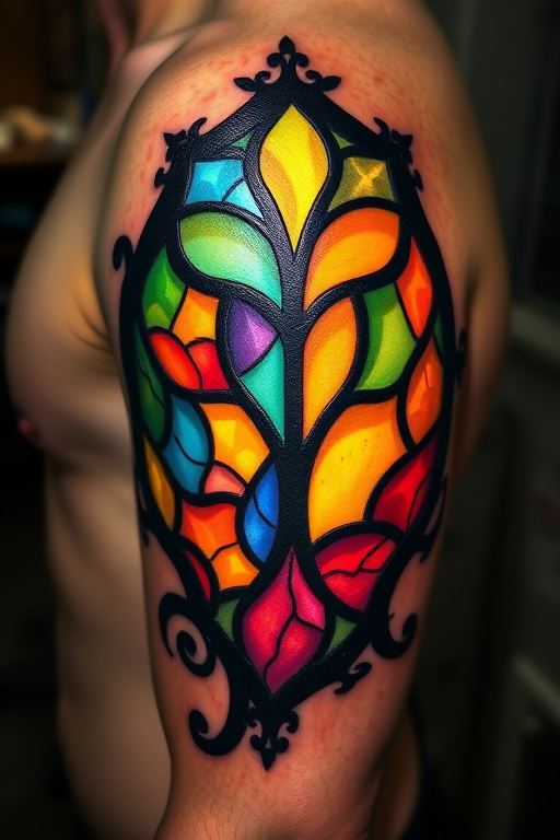 Stained glass tattoo titled "Luminous Fragments" featuring bold black outlines filled with vibrant translucent colors mimicking the look of stained glass windows with intricate details and a play of light and shadow