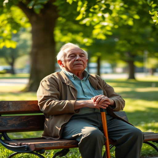 Capture a serene moment of an elderly man sitting on a park bench with a wooden cane, eyes closed, enjoying sunlight filtering through green leaves, shot with a Canon EOS 5D Mark IV, f/2.8 aperture, ISO 100, 50mm lens, using natural lighting and a shallow depth of field for a soft background effect.