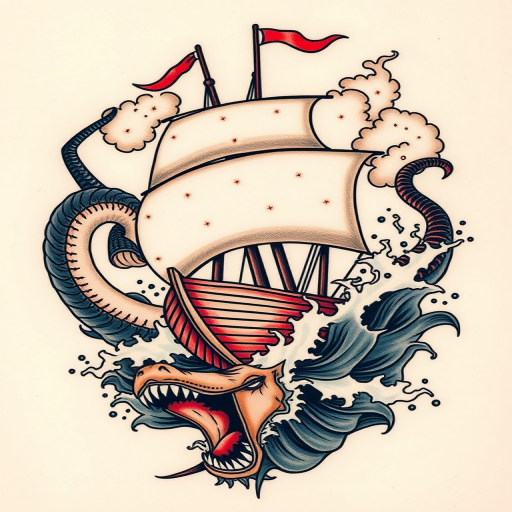 Traditional American tattoo named "Old Salt's Tale" depicting a bold ship battling stormy seas with a menacing sea serpent, using thick lines and limited color palette