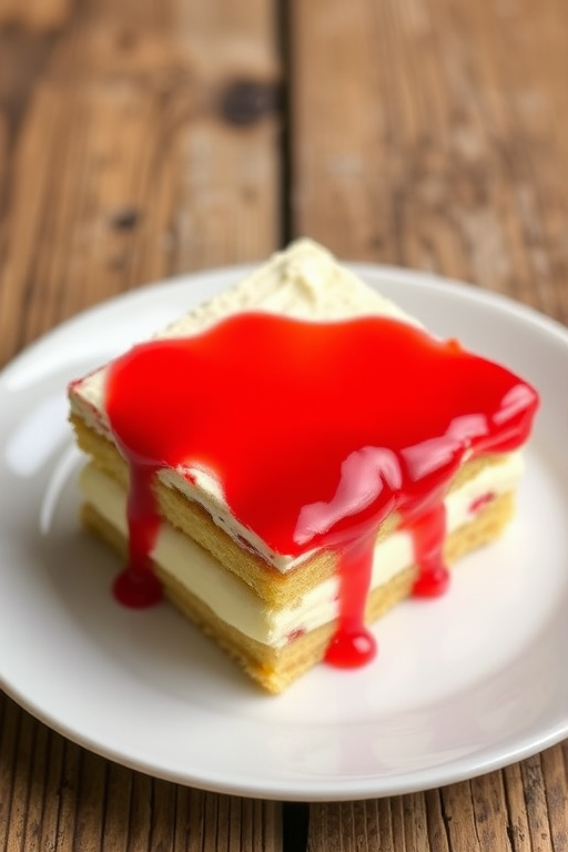 A delicious slice of layered dessert featuring creamy filling and topped with bright red cherry glaze served on a white plate with a rustic wooden background.