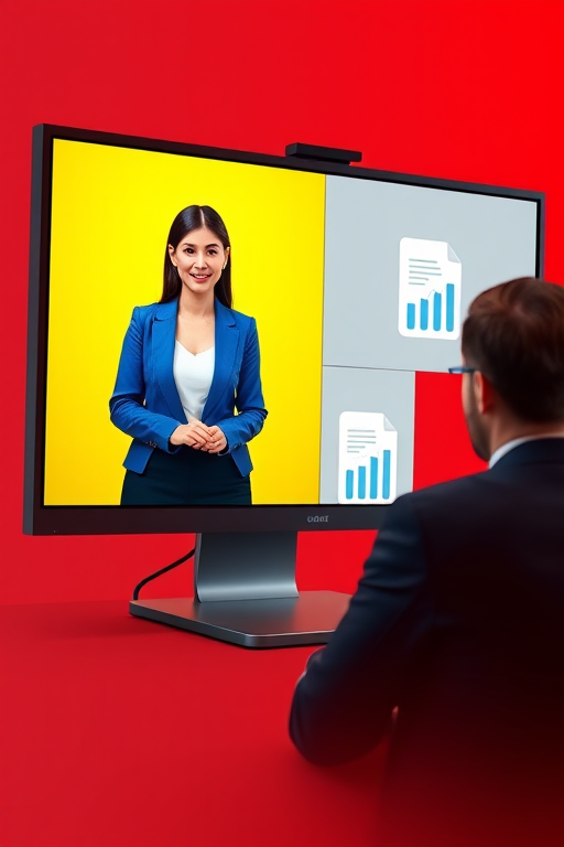 Create a digital artwork depicting a computer screen divided into four quadrants showing a virtual meeting, with a professional woman in a blue blazer on a yellow background, a documents icon on a white background, a graph on a gray background, and a professional man in a suit on a red background, using a high-resolution camera, 50mm lens, f/2.8 aperture, and soft lighting to enhance details and colors.