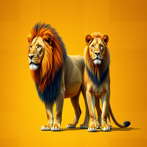 Create a high-resolution geometric style illustration of a lion and lioness standing together on a textured golden background, using soft focus and vivid colors, shot with a DSLR camera at f/8 aperture, 50mm lens, 1/125 second shutter speed.