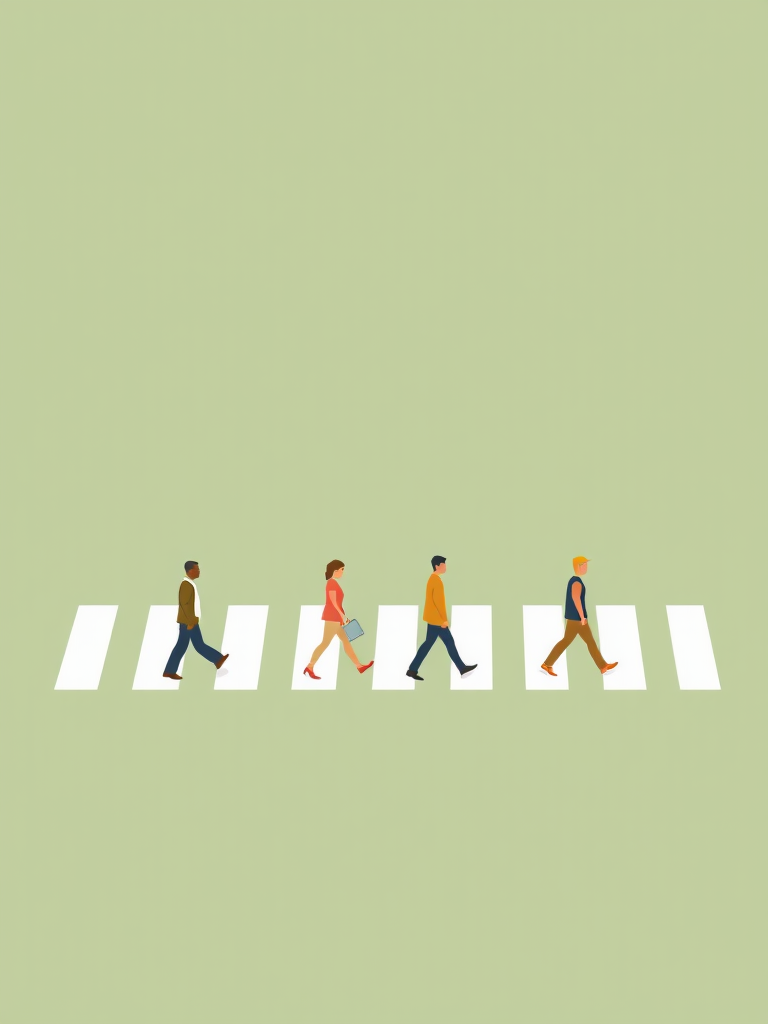 Create a minimalist vector illustration of four figures walking in a line across a white crosswalk on a muted green background, using sharp lines and flat colors, simulate a DSLR camera setting with f/8 aperture, ISO 200, and a focal length of 50mm, in a clear and evenly lit style that emphasizes simplicity and artistic expression.