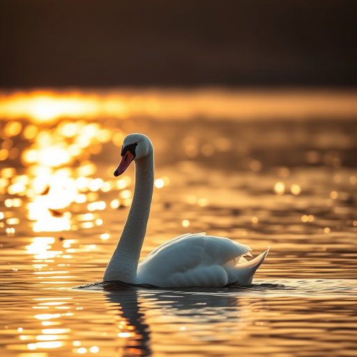 A graceful swan gliding on a shimmering lake during golden hour, captured with a Canon EOS 5D Mark IV, 100mm lens, f/2.8 aperture, ISO 200, shutter speed 1/500 sec, using a shallow depth of field for a smooth bokeh effect.