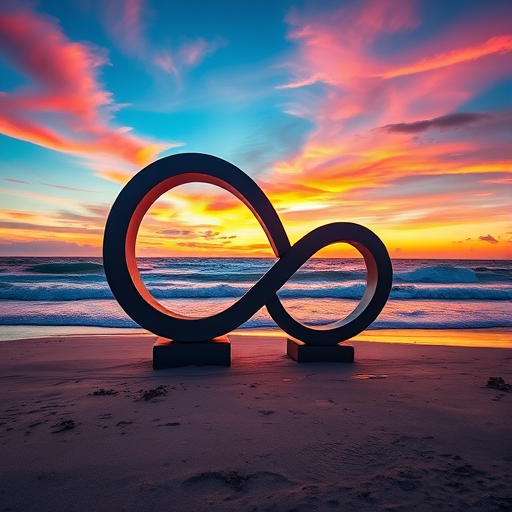 Infinity symbol sculpture on a beach at sunset with vibrant colors in the sky and crashing waves, shot with a Canon EOS R5, 24mm lens, f/8, ISO 200, 1/125 sec, HDR photography style.