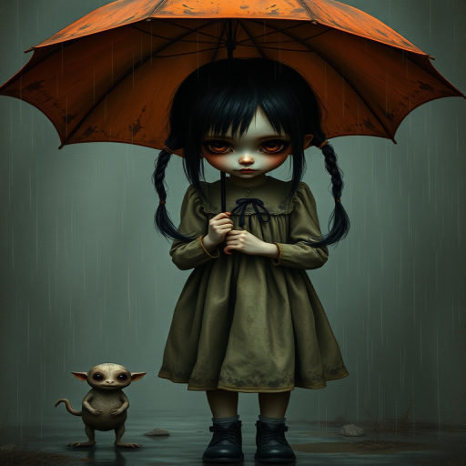 An eerie, weird little girl with dark hair in thin pigtails, wearing a smock dress, standing in the rain, holding a dirty orange umbrella, a small, odd creature beside her. In a surreal style inspired by Nicoletta Ceccoli and Brian Froud. Dark fantasy themes