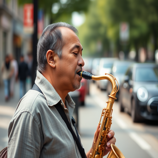 Capture a street musician playing the saxophone, with a shallow depth of field, using a Canon EOS R5, 85mm lens, aperture f/1.8, ISO 100, shutter speed 1/200 sec, natural lighting, and focus on the saxophone and musician.