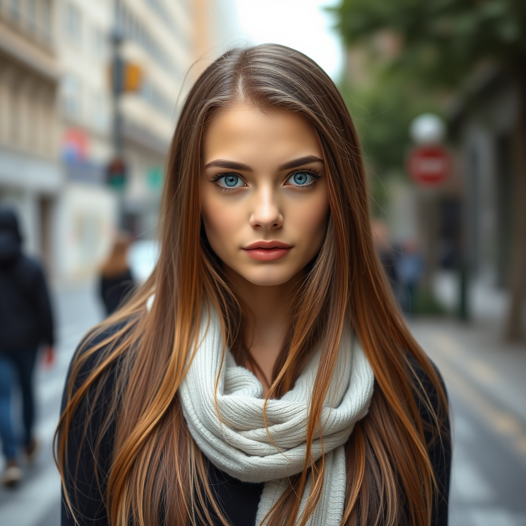 portrait of a young woman with long brown hair and striking blue eyes standing on a city street, soft natural lighting, 50mm lens, aperture f/1.8, ISO 100, slight bokeh in the background, taken with a DSLR camera