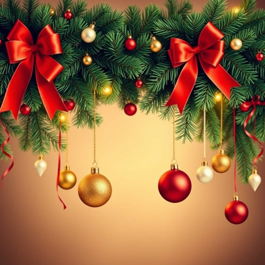 Create a festive Christmas banner with lush green pine garlands adorned with bright red bows and shiny golden and white ornaments hanging down, captured with a DSLR camera at f/2.8 aperture, 1/100 sec shutter speed, and ISO 100, from a frontal view using a high-resolution lens for vibrant colors and sharp details.