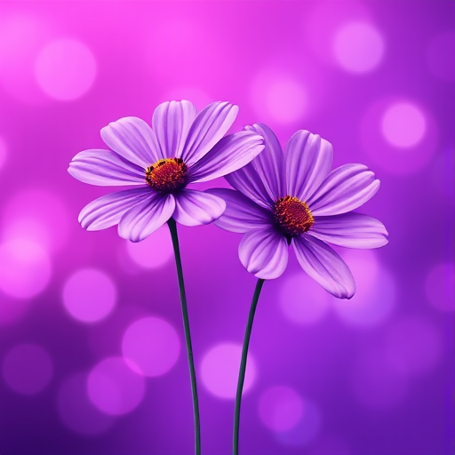 Create a high-resolution illustration of two stylized purple flowers on a vibrant purple background with circular bokeh effects, using a digital art style, with a 50mm lens, f/2.8 aperture, and a soft focus effect for enhanced depth.