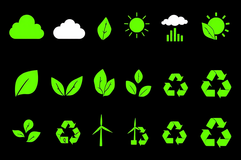 Create a clean and vibrant grid layout featuring 12 different green eco-friendly symbols such as clouds, leaves, sun, wind turbines, and recycling icons with a black background, using a Canon EOS R5 camera with a 24-70mm f/2.8 lens, aperture set to f/8, ISO 100, and a focus on high dynamic range to enhance color saturation and detail.