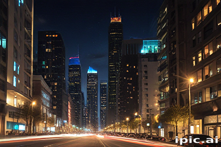 Vibrant City Skyline at Night with Illuminated Skyscrapers and Streets