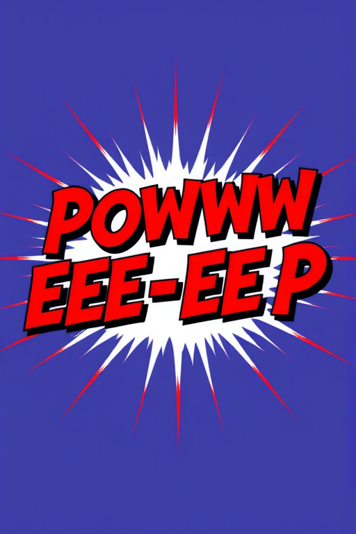 Create a vibrant graphic design featuring the text "Powww Eee Eee P" in dynamic, bold red letters with a comic-style burst effect, taken with a DSLR camera at f/2.8 aperture, 50mm lens, and a high saturation color profile to enhance clarity and depth.