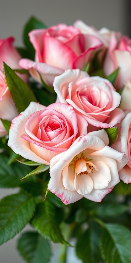Create a botanical illustration of a rose bouquet featuring pink and white blooms with lush green leaves, shot in natural light using a macro lens at f/2.8, ISO 100, 1/200s, with a soft focus background to enhance details and vibrancy, capturing the delicate textures and colors vividly.