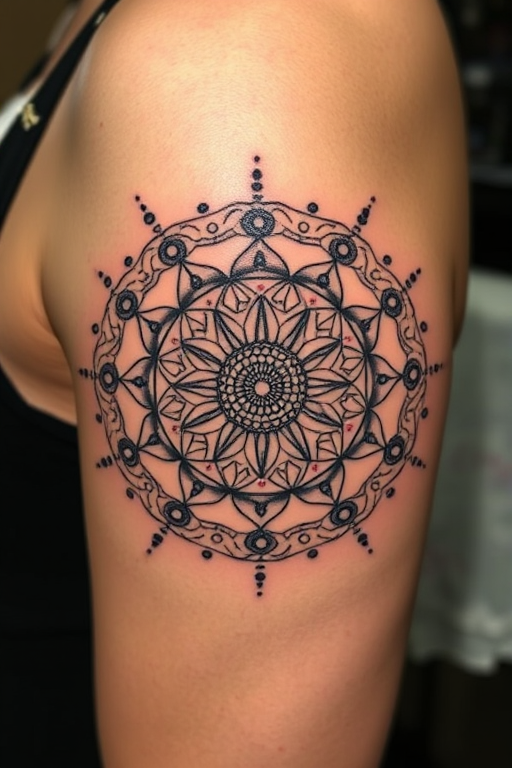 Dotwork mandala tattoo named "Cosmic Symmetry" featuring an intricate circular design composed of thousands of tiny dots, representing the universe's interconnectedness, renowned for its meticulous detail and meditative quality