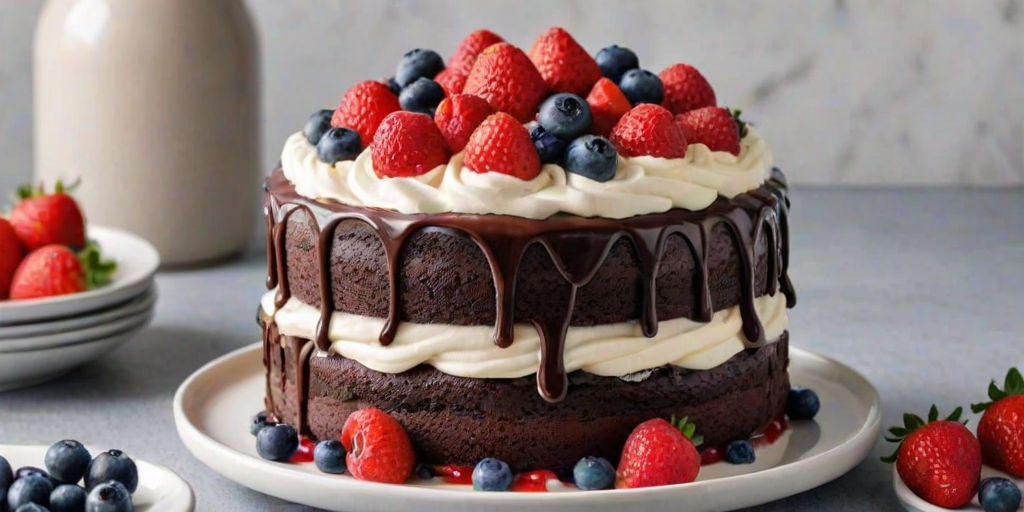 Generate an image of a tall, layered chocolate cake with rich black layers and creamy white frosting. The cake is decorated with fresh strawberries, raspberries, and blueberries on top. A slice of the cake is placed on a separate plate, showcasing the layers and frosting inside. Add a few scattered berries around the plates for decoration. The setting is bright and inviting, with a marble background.