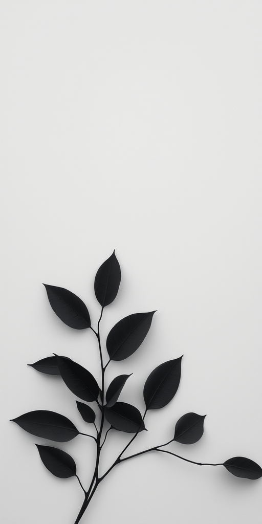 Create a minimalist design featuring delicate black leaves on a light grey background with subtle wavy lines, using a DSLR camera with a 50mm lens at f/2.8, ISO 100, and a top-down view to enhance clarity and detail.