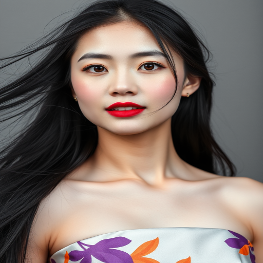 Photographic image of a beautiful young Singaporean woman, red eyes, lips with red lipstick, long hair fluttering in the wind and wearing a silk strapless dress with a soft purple and orange print. monochrome image with only color highlights in the iris of the eyes, lipstick and dress. Gray background.
