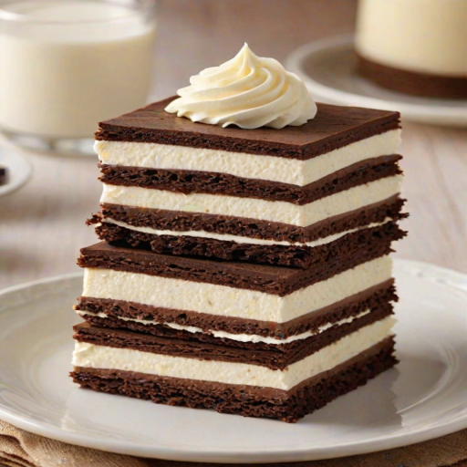 Create an image of a layered dessert featuring chocolate wafer cookies stacked with creamy vanilla frosting. The top should be decorated with swirls of whipped cream and sprinkled with mini chocolate chips. The dessert should be presented on an elegant plate, showcasing a slice that reveals the layers inside.