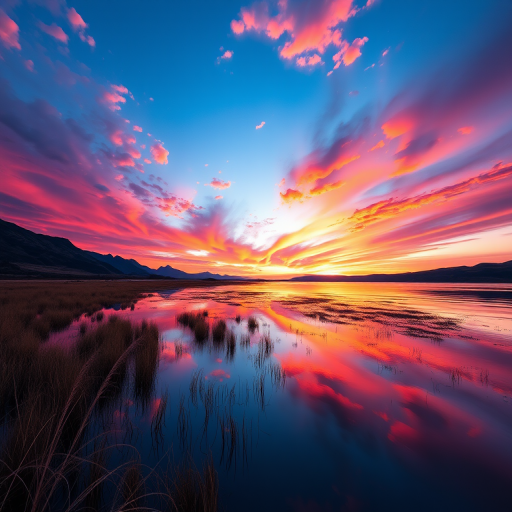 Create a high-resolution image of a serene landscape at sunset with vibrant orange and purple skies, reflecting on calm water, using a DSLR camera, 50mm lens, f/1.8 aperture, ISO 100, captured from eye level view, in portrait orientation with soft focus.